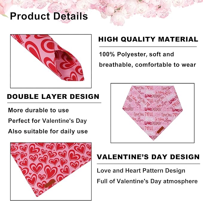 ADOGGYGO Valentine Dog Bandanas 2 Pack, Reversible Heart Love Print Puppy Scarf, Premium Fabric, Adjustable Fit Pink Red Valentine Bandanas for Small Dogs (Small)
