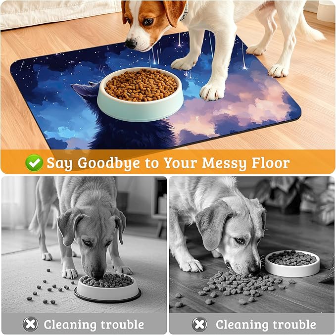 Cat Dog Food Mat,Starry Night Absorbent Pet Feeding Mat for Food and Water Bowl,Quick Dry Dog Placemat Non Slip Rubber Backing Waterproof Pet Supplies 12" x 20"