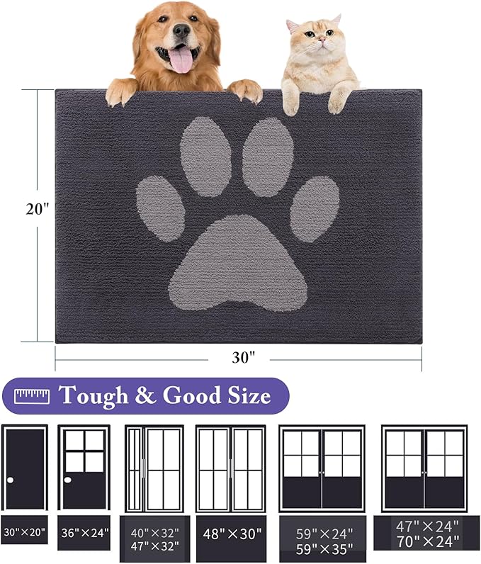 Buganda Dog Door Mat for Muddy Paws, Absorbent Dirt Trapper Non Slip Indoor Doormats, Washable Low-Profile Mat for Mud Dogs, Entryway Carpet for Inside Floor (40x32 Inches, Dark Grey)