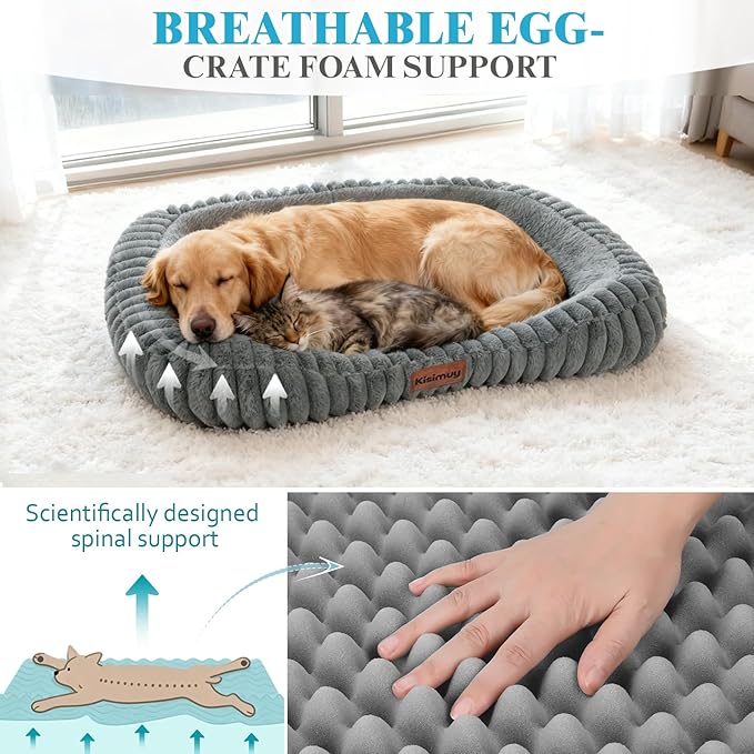 Orthopedic Dog Bed for Large Dogs, Comfort-Sided Calming Pet Bed with Breathable Memory Foam, Plush Faux Rabbit Fur & Non-Slip Bottom, Machine Washable with Carry Handle, 35"x27"x5.5", Grey