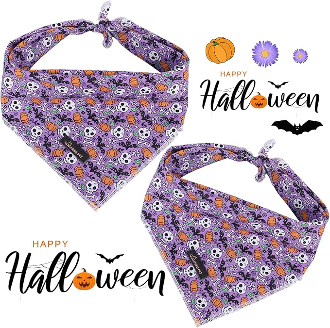ARING PET Halloween Dog Bandanas, Cotton Purple Pumpkin Ghost Bat Floral Pet Bandanas Cute Triangle Bibs Scarf for Small Medium Large Boy Girl Dogs and Cats-S