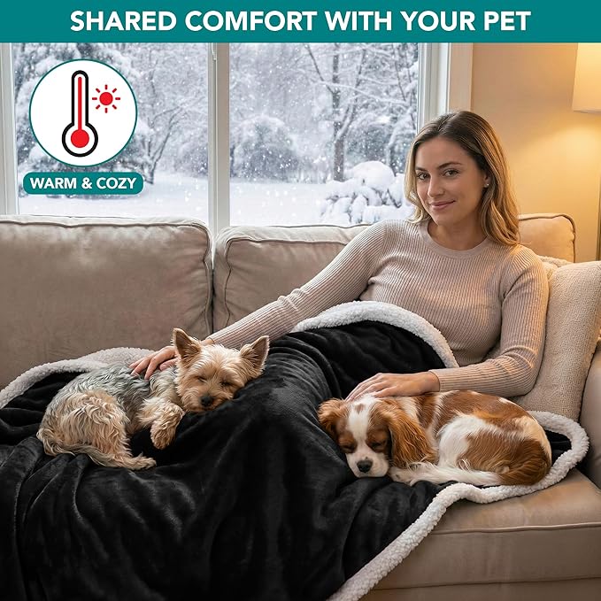 PetAmi Waterproof Dog Blanket for Small Medium Dog Puppy Cat Throw for Couch Cover Leakproof Protection, Sherpa Fleece, Reversible Soft Washable 29x40 Black
