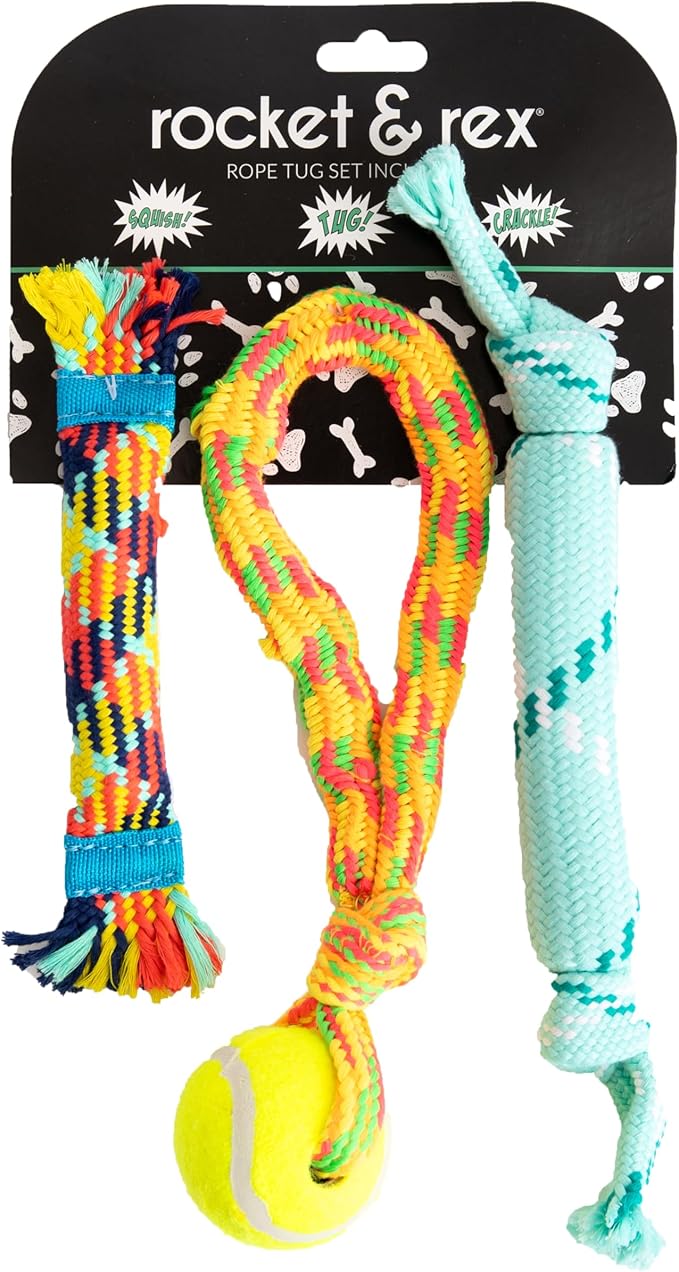 rocket & rex Dog Chew Toy Set for Small to Medium Breeds, Includes a Rope, Rubber Squeaker and Plush Toy with Ball, Reduces Destructive Chewing & Anxiety (Pack of 3)