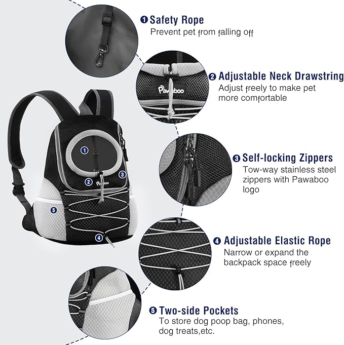 Pawaboo Pet Dog Carrier Backpack, Puppy Dog Travel Front Carrier for Small Medium Dogs Cats, Adjustable Breathable Dog Carrying Backpack with Safety Strips for Hiking, Walking (Black S Up to 5 lbs)