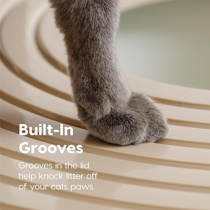 IRIS USA Cat Litter Box, Large Top Entry with Litter Catching Lid and Scoop, Dog Proof, Cat Box Enclosure, Beige/White