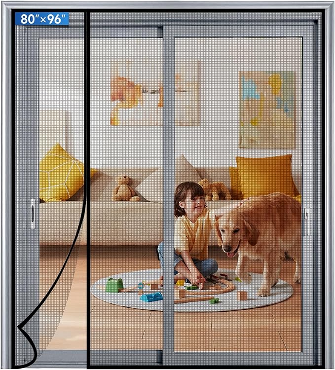 Magnetic Screen Door Mesh Left Right Side Opening Upgraded PET Material Mesh Stronger Than Fiberglass and Polyester,Keep Bugs Out,Pet & Kid Friendly Fit Door Size 80"X96",Screen Size 82''X98''