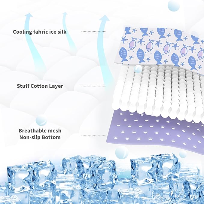 NWK Pack of 4 Pet Cooling Mat - Ice Silk Cooling Mat for Dogs & Cats Portable & Washable Pet Cooling Blanket, Car Seats, Beds for Summer (4pcs, Purple Fish, 20’’ X 16’’ X 0.3)