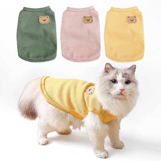 Waffle Knit Cat & Dog T Shirt for Small Dogs, Stretchable Puppy Shirt for Sphynx Cats & Small Breeds, Pet Clothes | Breathable Summer/Winter Apparel for Newborn(3PCS Small)