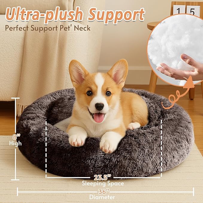 JOLLYVOGUE Calming Dog Bed Large Size Dog, Anti-Anxiety Donut Large Pet Bed, 36 inches Fluffy Faux Fur Round Cat Bed, Fits up to 75 lbs Pets