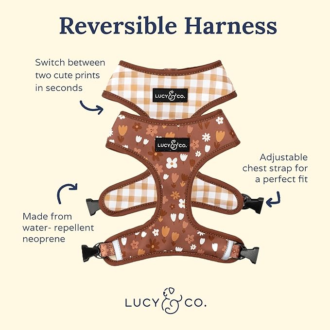Lucy & Co. Cute Reversible Dog Harness Walking Halter - Best Designer Pet Harnesses for XS - XL Dogs - Padded Adjustable Vest for Easy Walking (Small, Chocolate Meadows - Brown & White Floral)