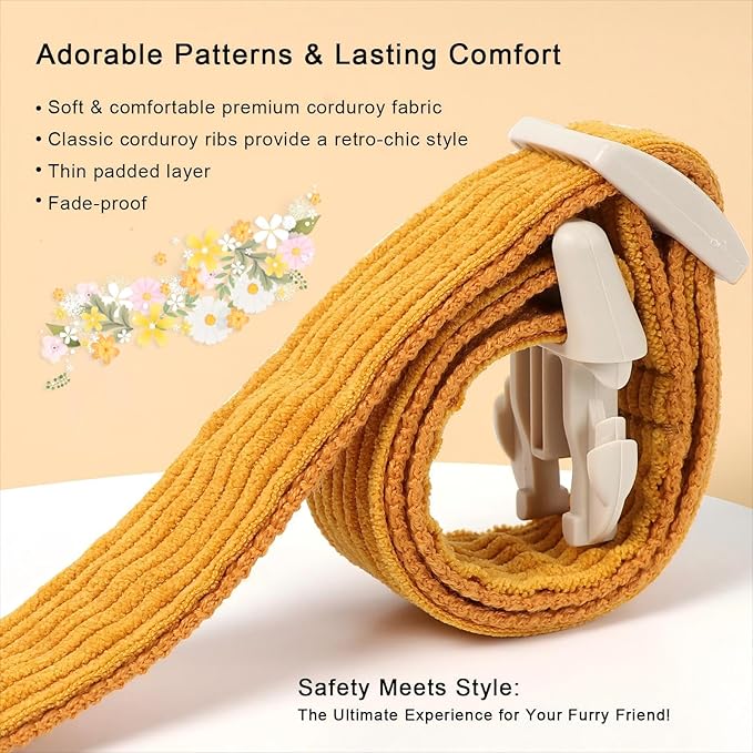 Cute Corduroy Dog Collar - Mustard Yellow Adjustable Dog Collars for X-Small Dogs 4-10lbs, Fade-Proof with Secure Snap & Little Charm, Christmas Birthday Gift, XS