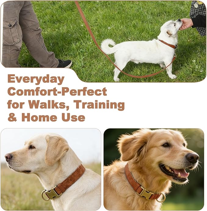 Genuine Leather Dog Collar - Adjustable Pet Collar with Quick Release Metal Buckle, Soft Skin Friendly Real Leather Collar for Small, Medium, Large Dogs (Khaki, L：Fit 15-23" Neck)