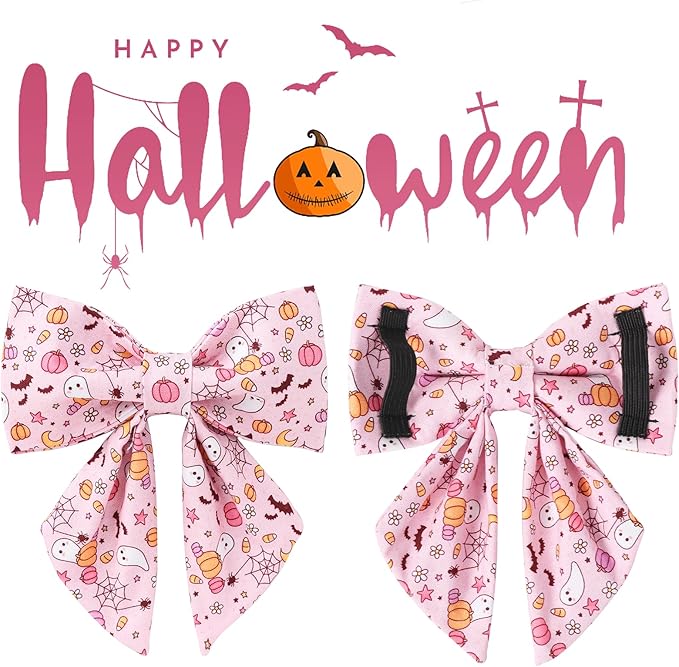 Halloween Dog Collar with Pink Floral Bowtie, Premium Cotton, Sturdy Metal Buckle, S Size for Small Dogs
