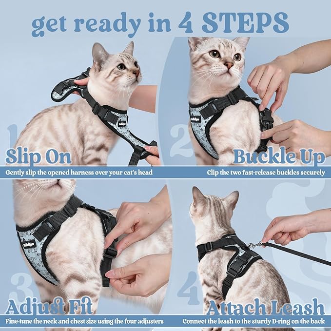 rabbitgoo Cat Harness and Leash for Walking, Escape Proof Soft Adjustable Vest Harnesses for Cats, Easy Control Breathable Reflective Strips Jacket, Doodle Gray,S