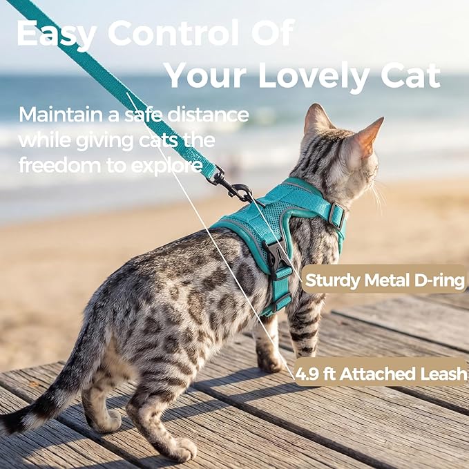 Cat Harness and Leash Set Escape Proof Tactical Extra Large Kitten Harness Emotional Support Cat Vest, Turquoise, XL