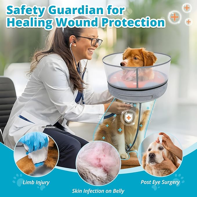 Inflatable Dog Cone with Transparent Shield, Protective Dog Donut Collar After Surgery to Stop Licking, Soft Donut Cone for Small Pets, Adjustable Recovery Collar with Buckle Visibility