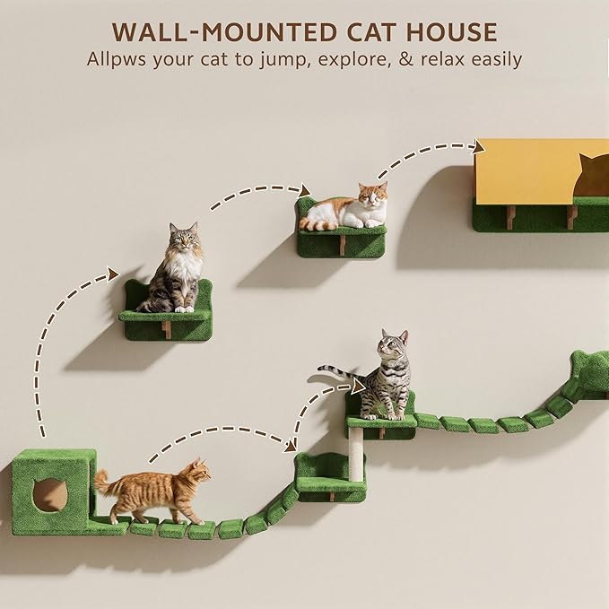16-in-1 Cat Wall Shelves, Wall Mounted Cats Furniture Set w/Plush Fabric, Cat Climbing Systems, Cats Shelf with 40''L Tunnel, Condos, House, Steps, Bridge Ladder & Scratching Post, Green