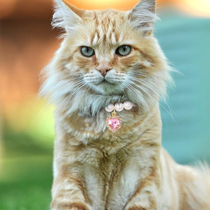 2pcs Cat Dog Pearl Collar, Small Heart Shape Rhinestone Pet Necklace, Adjustable Wedding Party Pet Jewelry Accessories for Puppy Small Cats- White & Pink