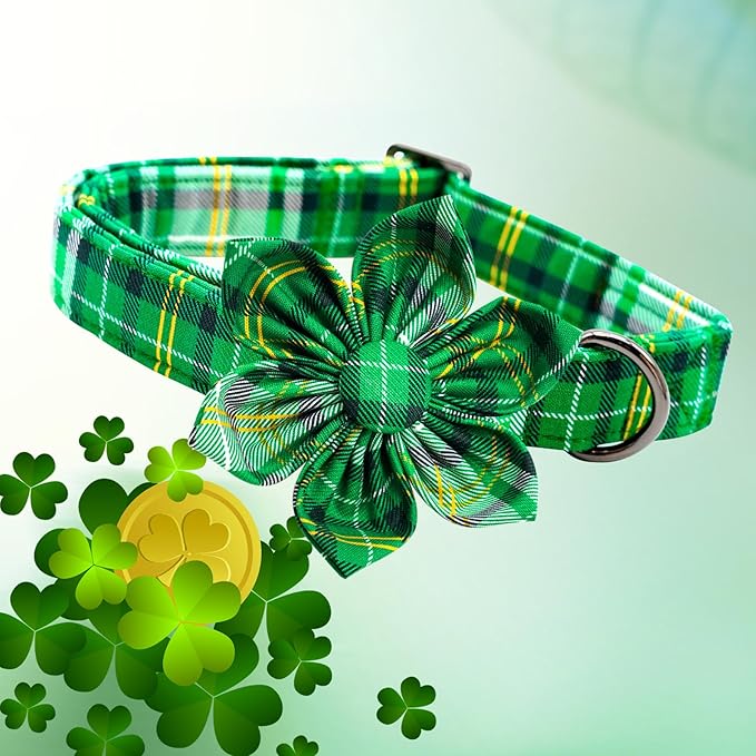 Lionheart glory St. Patrick's Day Dog Collar with Flower Dog Collar for X-Small Dogs, Green Plaid Cute Collars Spring Dogs Collars Flower Puppy Heavy Duty Cute
