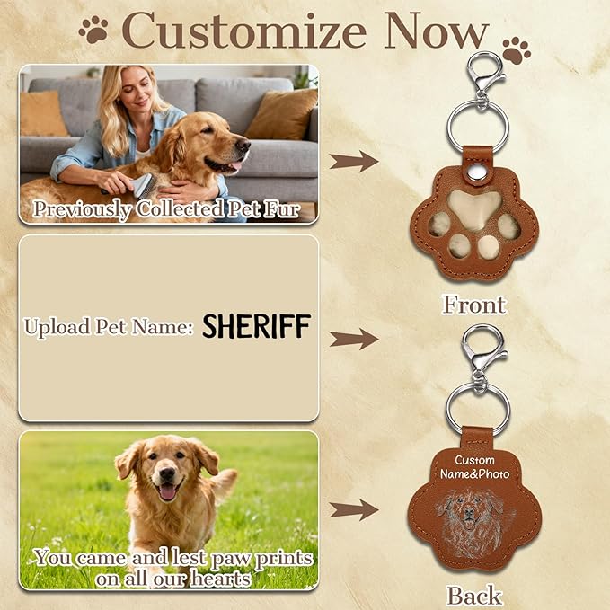 Eunigem Personalized Pet Memorial Gifts for Dogs Cats-Custom Dog Hair Keychain Paw Keychains for Dog Fur-Shaped Leather Keychain,Remembrance Accessory Pet Hair Keepsake for Bag or Key (Color-11)