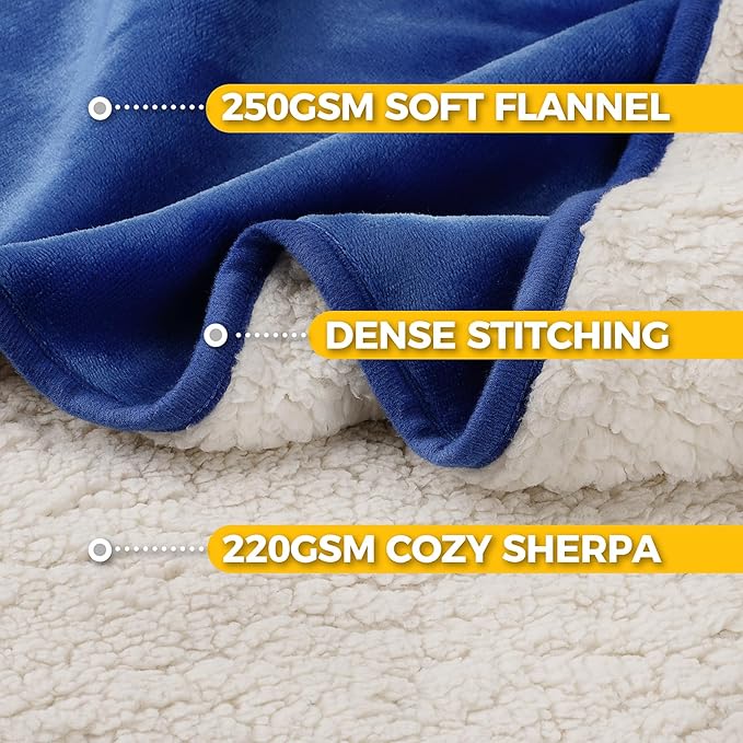 Sunheir Waterproof Blanket for Twin Size Bed - 80"x60" Soft Reversible Sherpa Fleece Flannel Dog Blankets for Large Dogs, Pet Blanket for Bed, Couch, Soft Plush Furniture Protector, Blue
