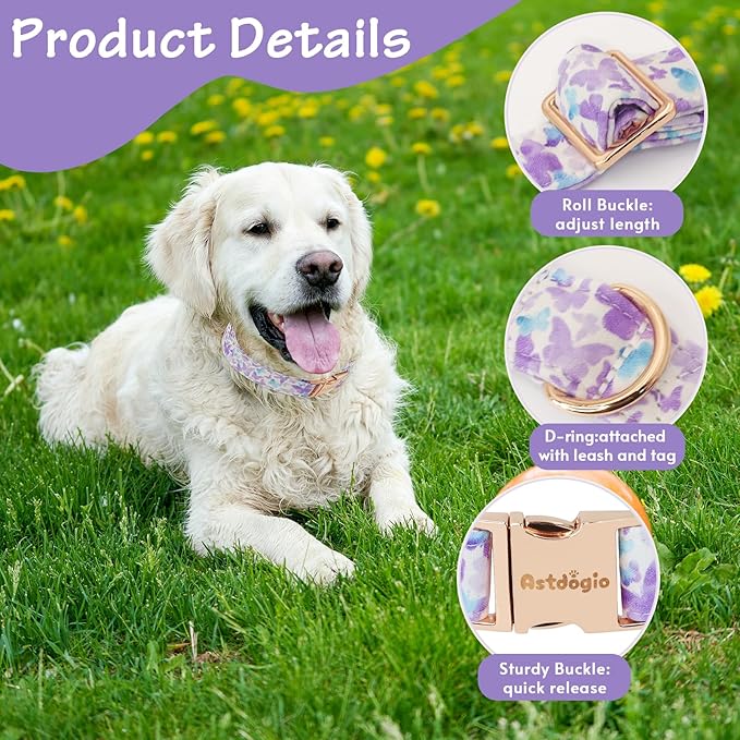 Elegant Butterfly Dog Collar, Purple Blue Gradient Design Collars for Dogs, Adjustable Comfortable for Small Medium Large Dogs, Handmade Cotton Puppy Collar for Daily Walks 、Park Adventures-S