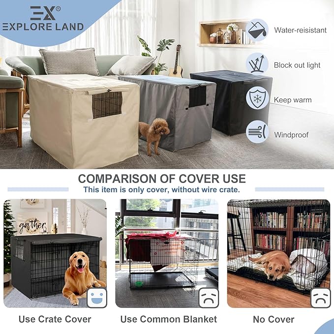 Explore Land Dog Crate Cover Heavy Duty Polyester Pet Kennel Sunshade Universal Fit for 42 inches Wire Cage (Black)