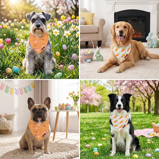 PTDECOR Easter Dog Bandana 2 Pack, Reversible Rabbit Carrot Dog Scarf, Multi Size Offered, Yellow White Easter Bandanas for Medium Large Dogs Pets (Large)