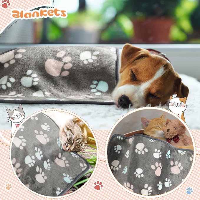 Tatuo 4 Pcs Dog Blanket for Pet Cat Blankets Indoor Puppy Teething Stuff Toys Paw Print Fleece Soft Blanket Sleep Mat for Guinea Pig Cage(Dark Gray,Medium(30 x 20.5 Inch),Square)