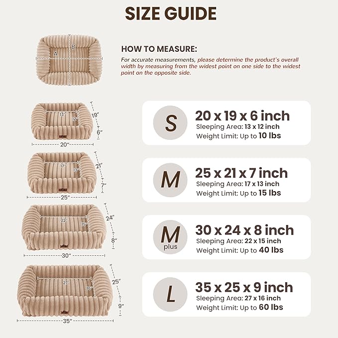 Washable Dog Bed for Small Medium Dogs - Rectangle Orthopedic Corduroy Fleece Pet Bed with Removable Cover and Nonskid Bottom, Calming Puppy Bed Soft Pet Sofa, Camel(25x21x7inchs)
