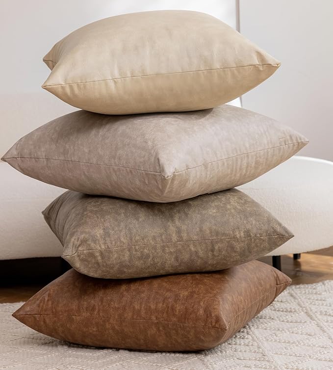 Pack of 4 Neutral Decorative Faux Leather Throw Pillow Covers 18x18 inch, Soft Modern Boho Luxury Waterproof Floor Cushion Cases, for Outdoor Lounge Sofa Couch Bed Home Decor