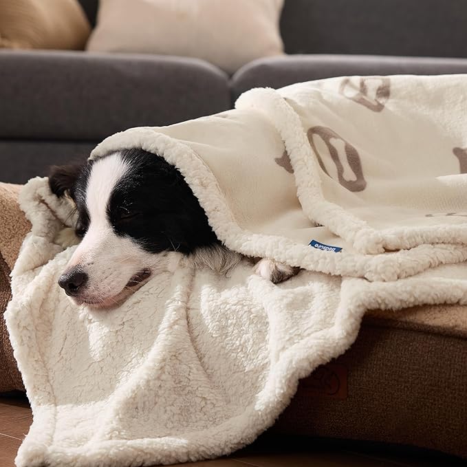 Bedsure Waterproof Blanket for Bed - Soft Print Sherpa Fleece Pet Cat Dog Blankets for Large Dogs Couch Protection, Soft Plush Reversible Furniture Protector, Twin Size, 60"x80", Beige