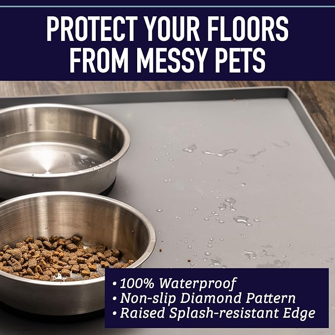 Leash Boss Dog Food Mat - Waterproof Cat & Dog Bowl Mat for Food and Water, Silicone Pet Feeding Mats for Floors, Non-Slip Placemat with High Edges, Puppy Essentials (ML: 20"x13", Beige)
