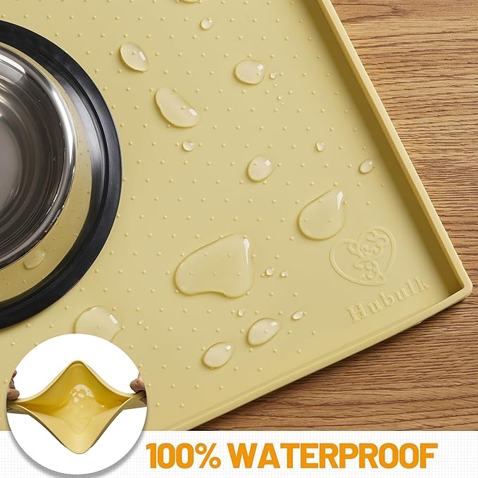 Hubulk Dog Feeding Mat,100% Waterproof Food Grade Silicone Pet Food and Water Bowl Placemat,Dishwasher, High Raised Edge to Prevent Spills,Nonslip Tray to Stop Messes on Floor (32"x24"x1.0", Yellow)