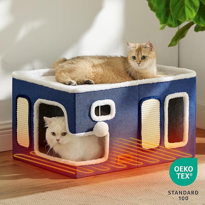 Heated Cat House for Indoor Cats - Large Cat Warming Bed for Winter with Fluffy Ball Hanging and Adjustable Heating Pad, Foldable Cat Hideaway,23x16.5x13 inches, Navy Blue