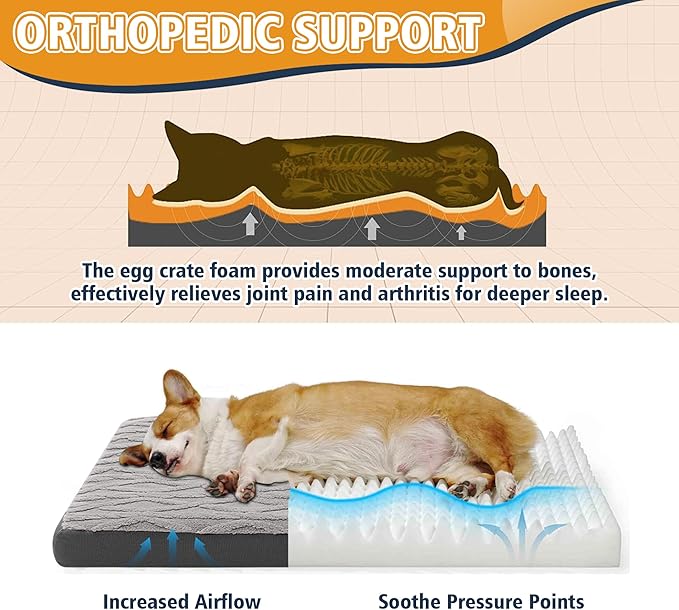 Orthopedic Dog Beds Large Sized Dog – Waterproof Plush Pet Mattress with Removable Washable Cover, Non-Slip Bottom, Memory Foam Mat for Crate, 35x22 Inch, Grey