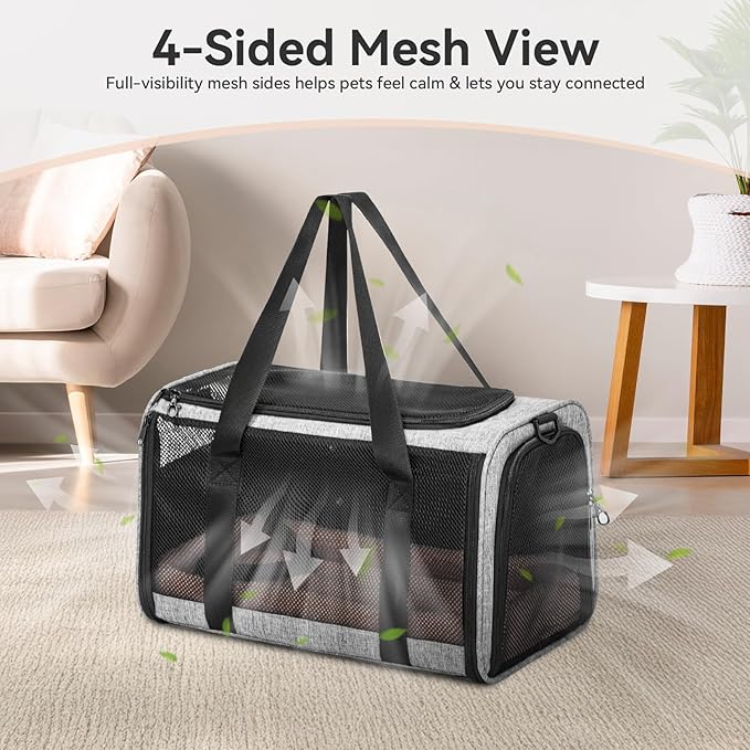 PETSFIT Soft-Sided Cat Carrier with Patented Safety Buckles, Lockable Zippers & Safety Tether,Escape-Resistant Travel Pet Carrier for Car Rides & Vet Visits, Airline Approved Under-Seat, Up to 12 lbs