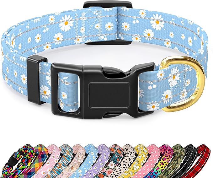 Reflective Dog Collar for Extra Small Dogs, Cute Daisy Theme Adjustable Heavy-Duty Nylon Puppy Collar for Boy and Girl Female, Soft Pet Accessories with Quick Release Buckle, Neck 8-12", Blue
