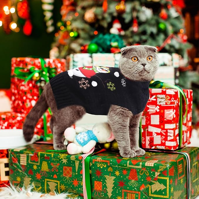 Christmas Dog Sweaters Xmas Pet Outfit Clothes Cute Black Snowman Costume Puppy Cat Knitted Jumpers (S,Black Snowman)
