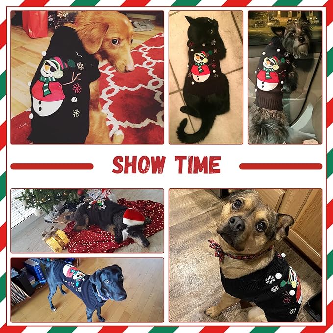 Christmas Dog Sweaters Xmas Pet Outfit Clothes Cute Black Snowman Costume Puppy Cat Knitted Jumpers (M,Black Snowman)