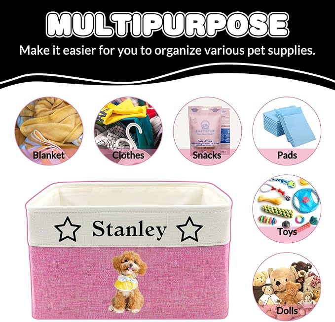 Personalized Dog Toy Storage Basket Custom Dog Name Photo Cat Pet's Gift Baskets Collapsible Organizer Box Foldable Storage Basket with Handle for Toys, Coats, Clothing, Blankets, Grey