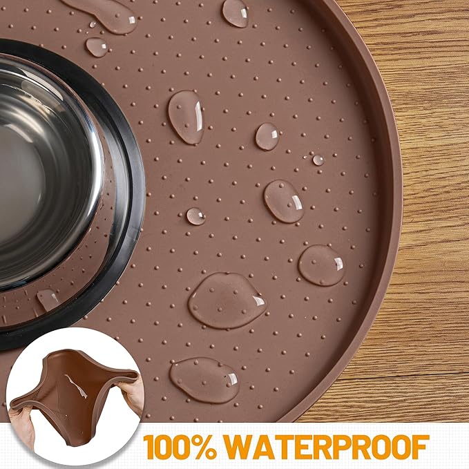 Hubulk 100% Waterproof Silicone Pet Feeding Mat with Raised Edge for Food and Water, Dog Bowl Mats, Cat Bowls Placemat with High Lip Protects Floor for Cats and Dogs (Brown, 19" L x 12" W)