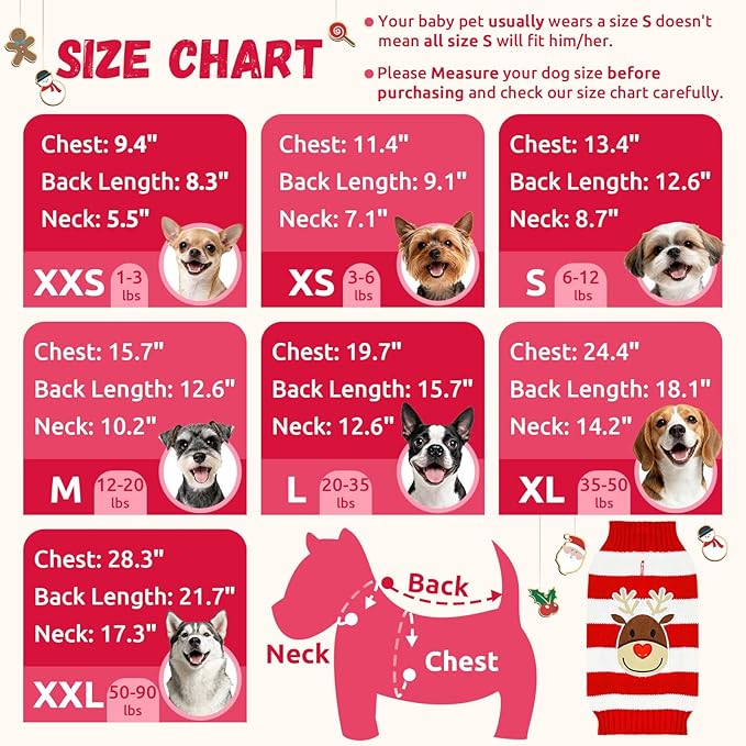 Dog Christmas Sweater Cute Striped Reindeer Xmas Pet Clothes Holiday Puppy Cat Costume New Year Gifts for Small Medium Large Dogs Jumpers (XL, Red White Stripe Reindeer)