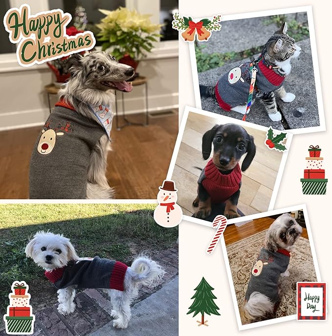 Dog Christmas Sweater Xmas Pet Clothes Cute Gray Reindeer Holiday Puppy Cat Costume New Year Gifts for Small Medium Large Dogs Jumpers (M, Gray Reindeer)