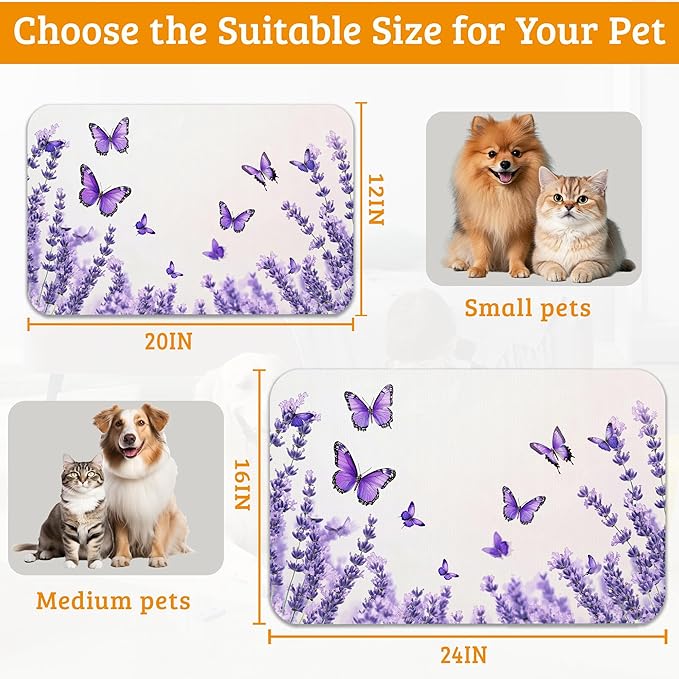 Pet Feeding Mat,Lavender Butterfly Absorbent Dog Cat Food Mat Purple Dog Mat with Rubber Backing,Non-Slip Water Bowl Placemat,Pet Supplies 12" x 20"