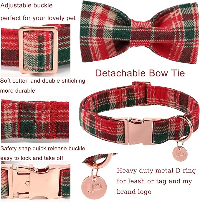 Christmas Plaid Dog Collar with Bow Tie– Adjustable Red & Green Checkered Dog Collar for Small Medium Large Dogs, Soft Xmas Plaid Puppy Collars with Quick Release Buckle S