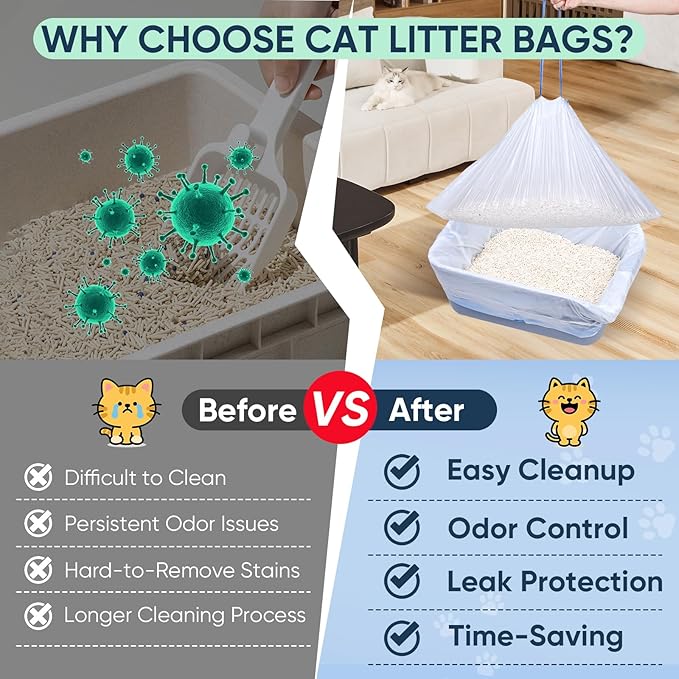 80 Count Jumbo Cat Litter Box Liners, Cat Litter Liners for Automatic Litter Box, 10-15 Gallon Heavy Duty Cat Litter Bags with Drawstrings, 37" x 18.11"