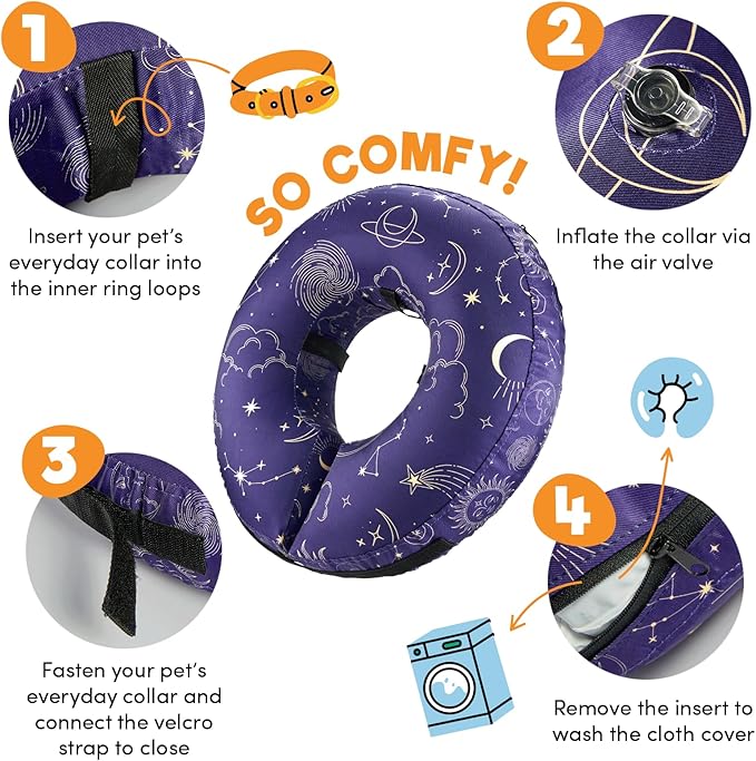 BENCMATE Inflatable Dog Cone Collar Alternative, Soft Dog Cone for Small Medium Large Dogs and Cats, Neck Recovery ECollar Donut Collar After Surgery (Large, Constellation)