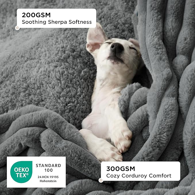 Bedsure ComfyFleece™ Waterproof Dog Blankets for Large Dogs - Soft Pet Cat Blanket Corduroy Fleece for Couch Protector Washable, Cozy Calming Reversible Furniture Protection,40"x50", Warm Grey
