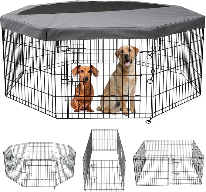 PETIME Foldable Metal Dog Exercise Pen/Pet Puppy Playpen Kennels Yard Fence Indoor/Outdoor 8 Panel 24" W x 24" H with Top Cover (with top Cover, 8 Panels 24" H)